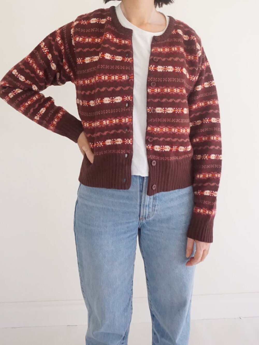 Vintage Stefano Burgundy Fair Isle Nordic Button Front Knit Cardigan M - Picture 1 of 9